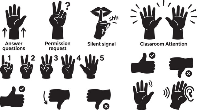 Classroom hand signals and student gestures silhouette icon set including raising hand silent signal counting fingers thumbs up down vector elements