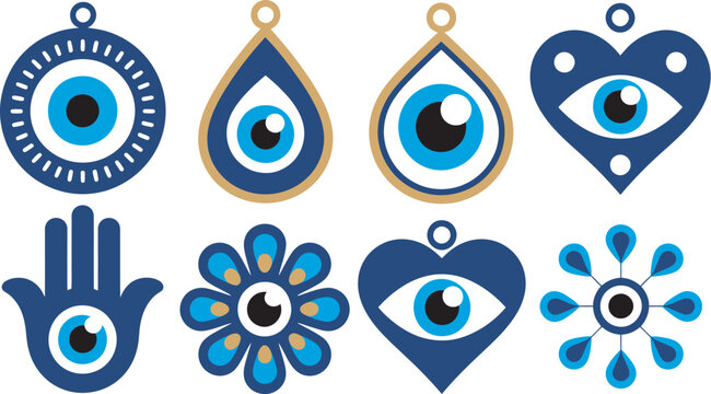 Blue evil eye amulet symbols set in flat vector style featuring traditional protective talismans representing good fortune, spiritual protection and cultural heritage design concepts.