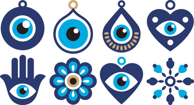 Blue evil eye amulet symbols set in flat vector style isolated collection for jewelry branding, decorative patterns, wellness products and mystical themed graphic projects.