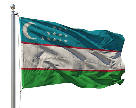 Uzbekistan national flag waving on a flagpole against a plain background.