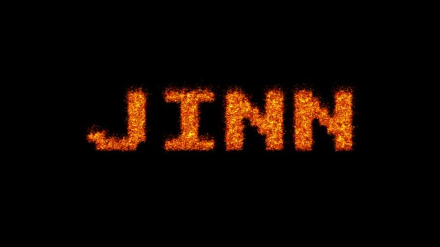 Jinn text with inspired burning texture animation isolated on black background