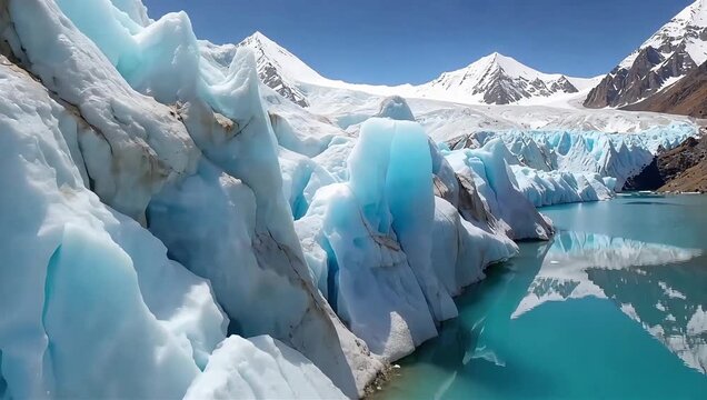 Spectacular blue ice wall of Cona Qu Deng Ni Ma Glacier lake at the world's end, Gamba Tibet China.