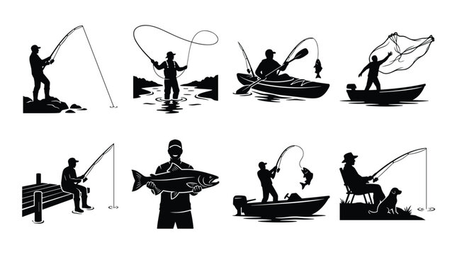Set of fishing icons featuring people catching fish from boats docks and along shorelines.