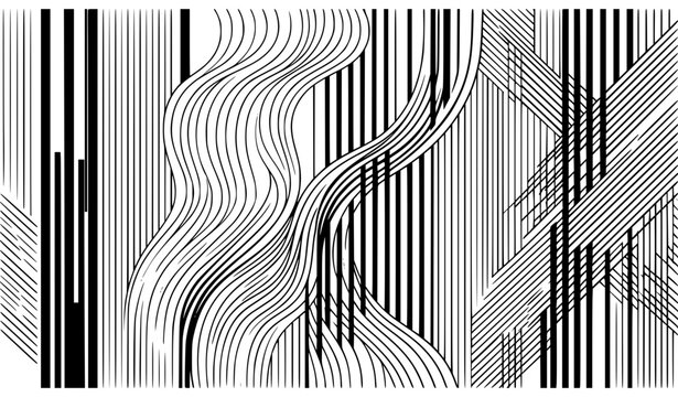 Abstract Geometric Pattern with Black and White Vertical Wavy Lines and Diagonal Cross Hatch Texture for Modern Minimalist Background Designs