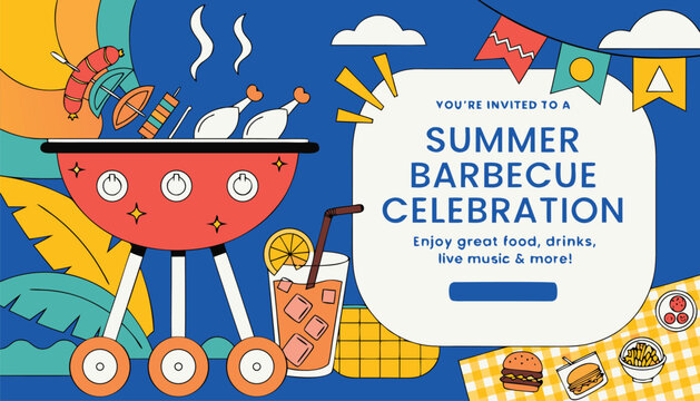 Colorful summer barbecue party invitation card with a festive grill design