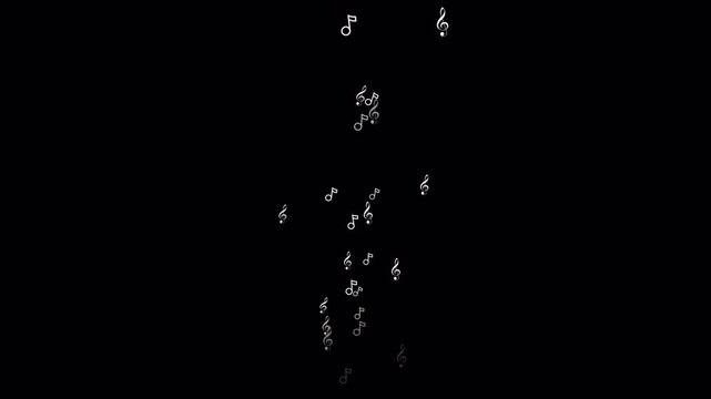 Musical notes animation, floating music symbols, melody rhythm particles, sound notation overlay, concert audio graphic element, black background motion design