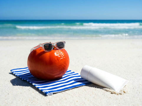 Sunburned red tomato wearing sunglasses on blue striped towel next to sunscreen bottle on sunny white sand beach with turquoise ocean waves in background representing summer skin protection.