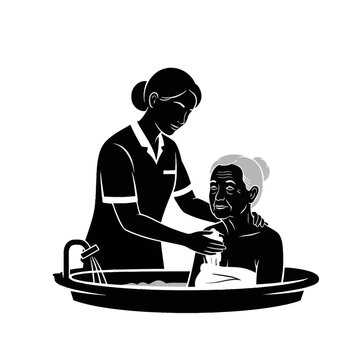 Black and white vector illustration of a female home health aide assisting an elderly senior woman with bathing in a bathtub, for geriatric care and personal hygiene support.