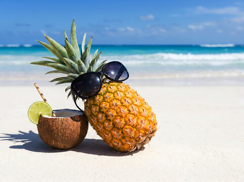 Fresh pineapple wearing black sunglasses standing on white sand beach next to coconut drink with lime and straw against blue ocean water and sky background representing tropical vacation.