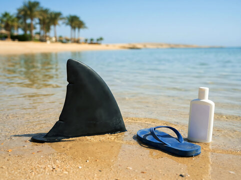 Shark fin prop in shallow ocean water next to blue flip-flop and sunscreen bottle on sandy beach with palm trees and clear sky.