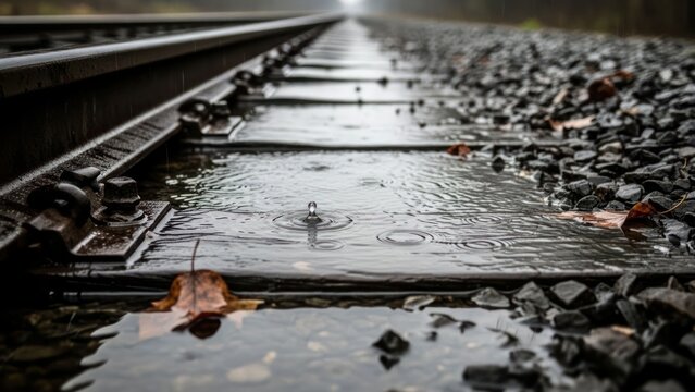 Trilhos de trem molhados na chuva