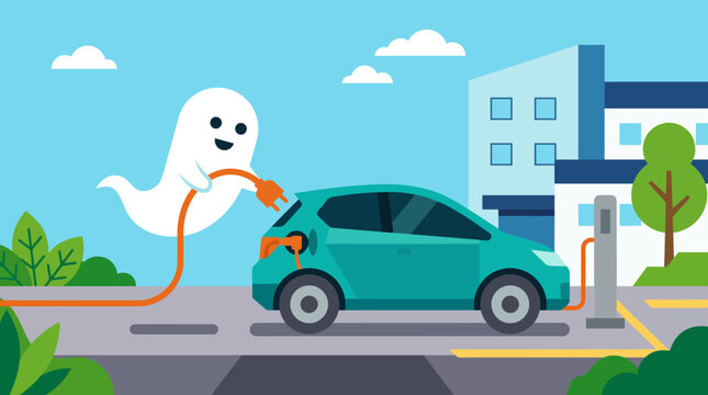Friendly ghost charging an electric car at a station