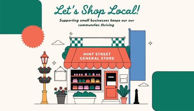 Illustrated independent general store promoting the importance of shopping local businesses