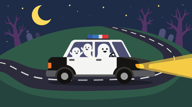 Friendly ghosts driving a police car on a winding night road