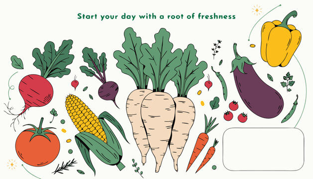 Colorful hand drawn illustration featuring various fresh healthy garden vegetables