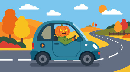 Naklejka premium Pumpkin character driving blue electric car on winding autumn road