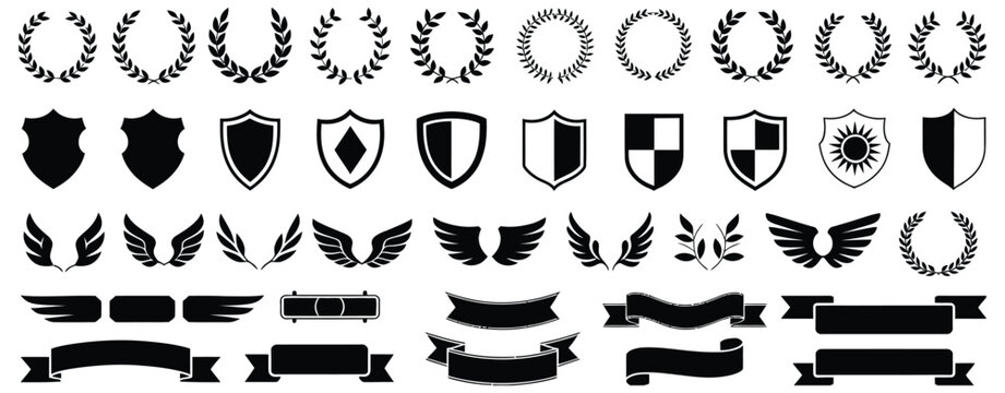 Laurel wreath, shield, wing, ribbon, and banners vector set. Laurel wreaths, shields, wings, ribbons illustration for awards, heraldry, logos, badges, and branding designs