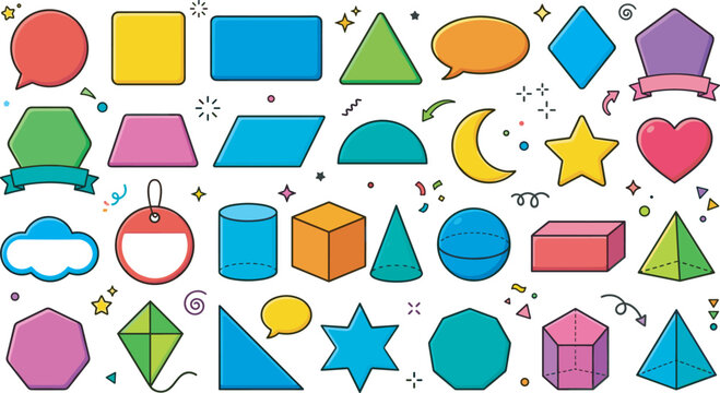 Colorful geometric shapes and speech bubbles vector set with basic flat and three dimensional forms for school education design