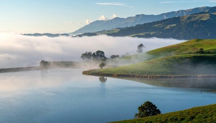 Fototapeta premium Serene panoramic view of a lake and green hills amidst a dreamy blanket of morning fog and mountains