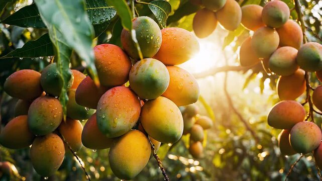 Fresh ripe mangoes hanging on a tree branch with dewdrops