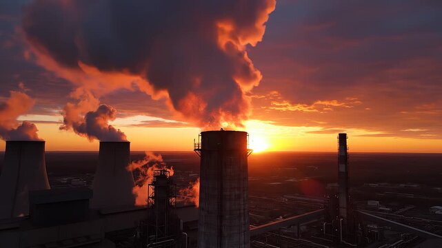 Industrial power plant chimneys emitting smoke during golden sunset