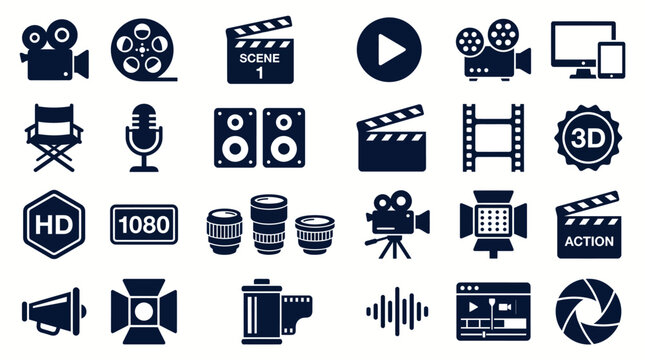 Extensive film and video production icon set featuring cameras, clapperboards, film reels, microphones, lights, editing tools, and 3D visuals for media projects
