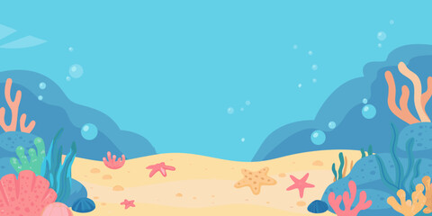 Underwater scene vector illustration with coral starfish and bubbles © Ella