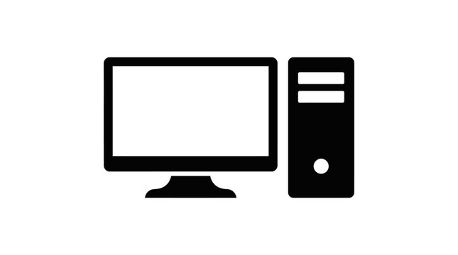 Silhouette of a desktop computer with monitor on a white background, representing a computer setup icon