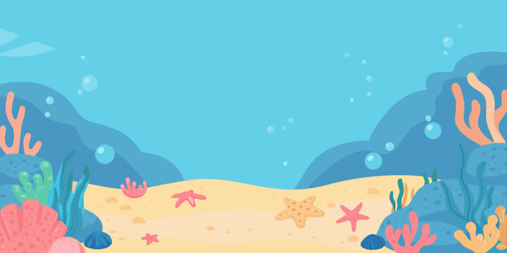 Underwater scene vector illustration with coral starfish and bubbles