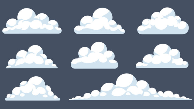 Set of various white fluffy cloud shapes in different sizes isolated on a dark grey background for sky designs.