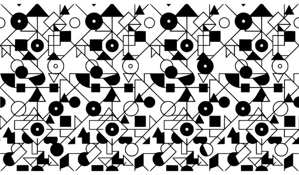 Geometric Seamless Pattern Background with Abstract Black and White Shapes, Triangles, Squares, Circles, and Connecting Fine Lines Vector Graphi
