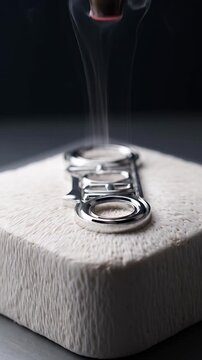 Laser engraving process on luxury silver metal logo charm close up.