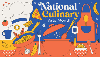 Colorful flat illustration celebrating national culinary arts month with kitchen tools © vectyx2