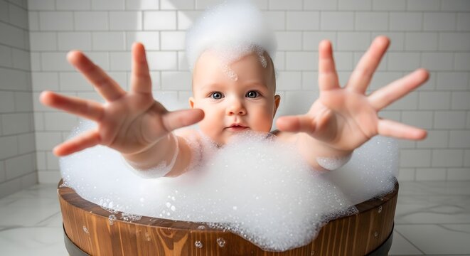 Cute baby taking a bubble bath with hands reaching forward in a tub