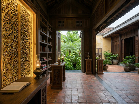 Northern Thai Luxury Heritage Resort Reading Room Overcast Light with Gilded Wood Panel