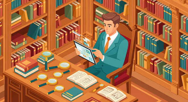 Online meeting and digital research by a professional in a library