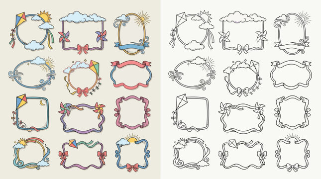 Collection of decorative hand-drawn frames and borders with playful elements like clouds, kites, and rainbows.