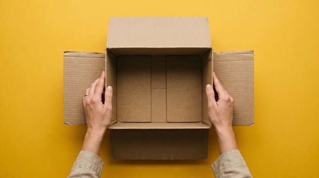hands holding an open empty parcel cardboard box on a bright yellow background, top view, flat lay