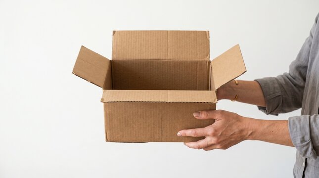 Manos de mujer sosteniendo una caja de cart&oacute;n abierta y vac&iacute;a sobre un fondo blanco con espacio para texto, concepto de entrega y mudanza