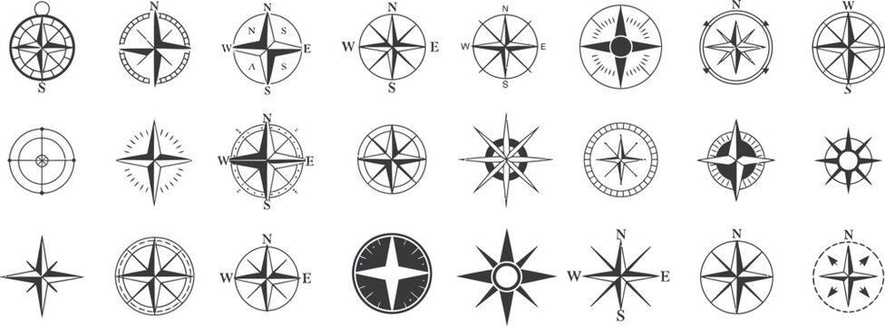 Nautical Compass Navigation Icons, Marine Direction Symbols with Sailing, Travel, Arrow Indicators, and Geometric Compass Designs