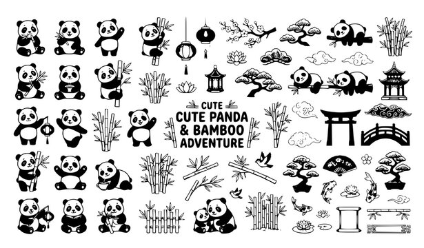 Large vector collection of cute cartoon panda bears bamboo and traditional Asian elements icons set on white background