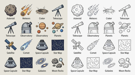 Collection of space-themed icons including planets, stars, telescopes, and spacecraft, presented in both color and outline styles. © renender