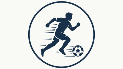 Fototapeta premium Dynamic illustration of a soccer player running at high speed with a ball, captured within a circular emblem, representing athletic prowess and competitive spirit