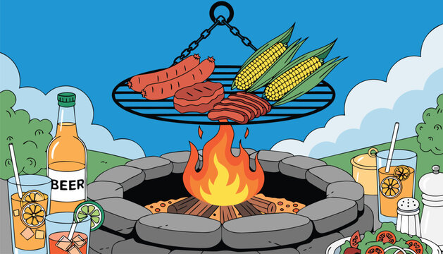 Fresh food cooking over a hot outdoor stone fire pit grill