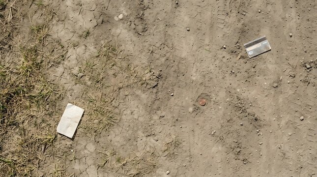 Lost items including receipt and credit card along with small copper coin lie on dry dirt ground showing tire tracks and sparse patches of grass in overhead view of dusty outdoor surface texture.