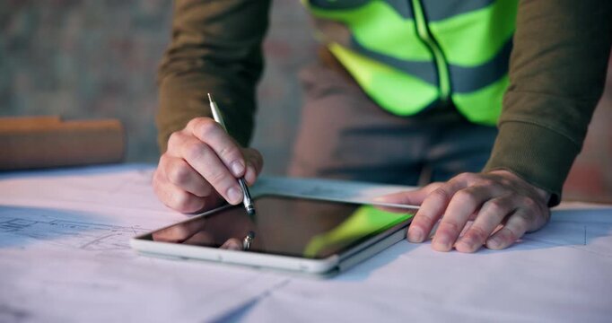 Hands, architect or writing with blueprint or tablet for construction planning or building design. Person, contractor or civil engineer with technology, app or floor layout for architecture project
