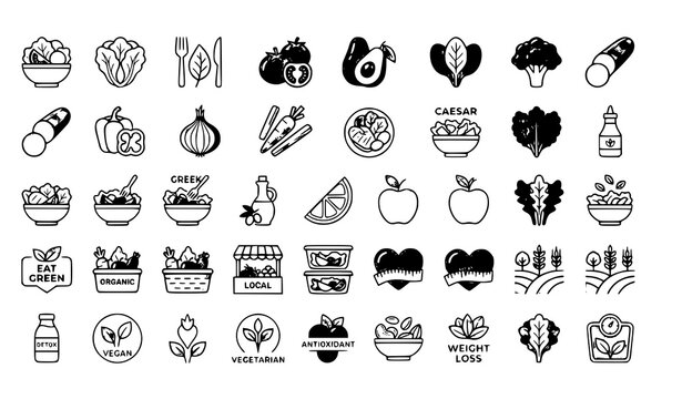 Large vector collection of salad healthy food and organic vegetarian lifestyle icons set isolated on white background