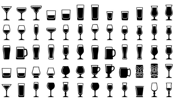 ​Large vector black silhouette collection of various glassware icons for alcohol drinks isolated on a white background