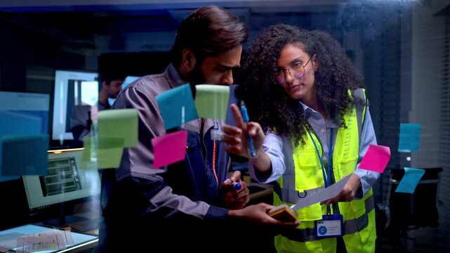 Engineers and technology specialists brainstorming construction and digital design solutions using sticky notes and glass board for architectural planning in modern workspace