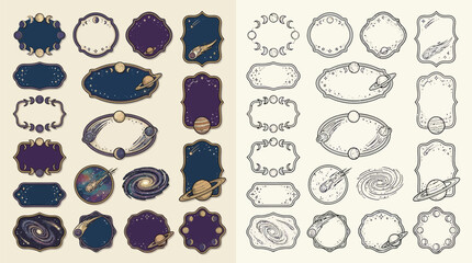 Collection of decorative frames and labels with cosmic and celestial elements, including planets, galaxies, and comets, in both color and monochrome versions. © renender